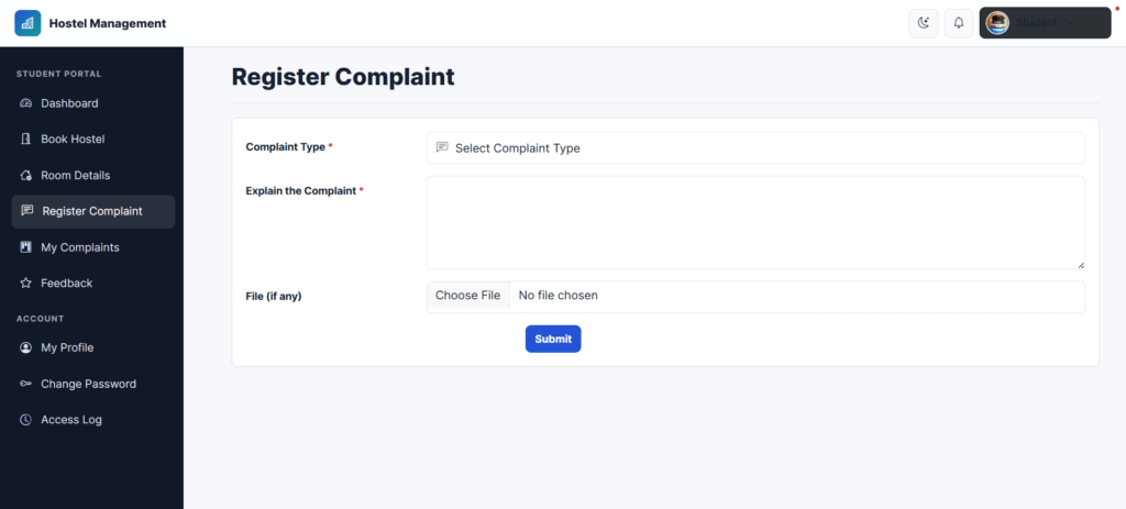 Hostel-MS-PHP-User-Register-Complaint