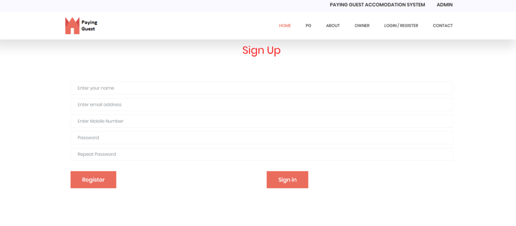user signup page