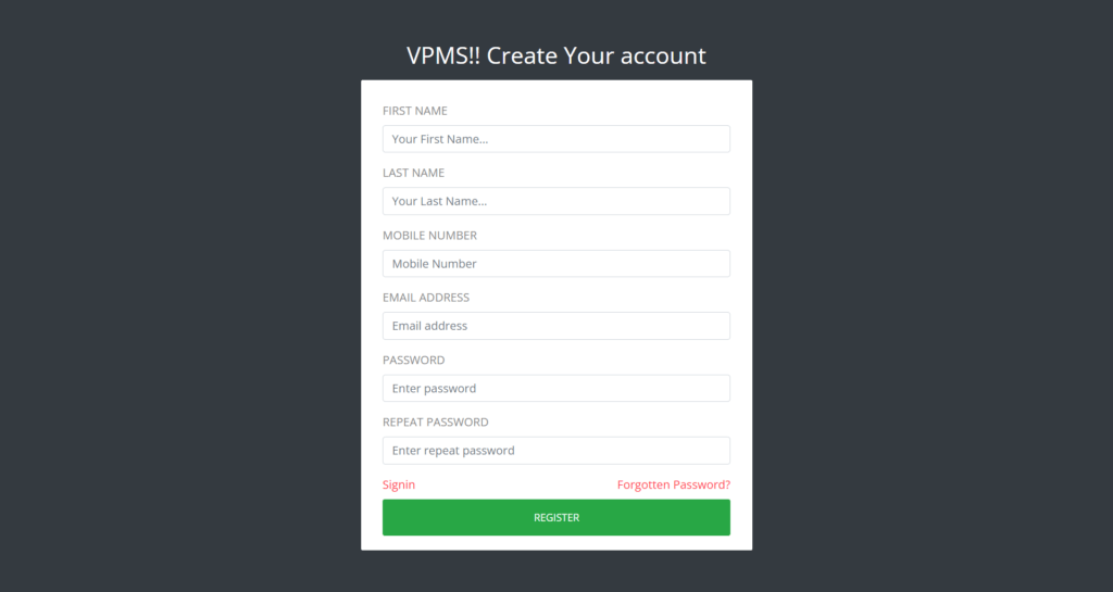 VPMS-Signup Page