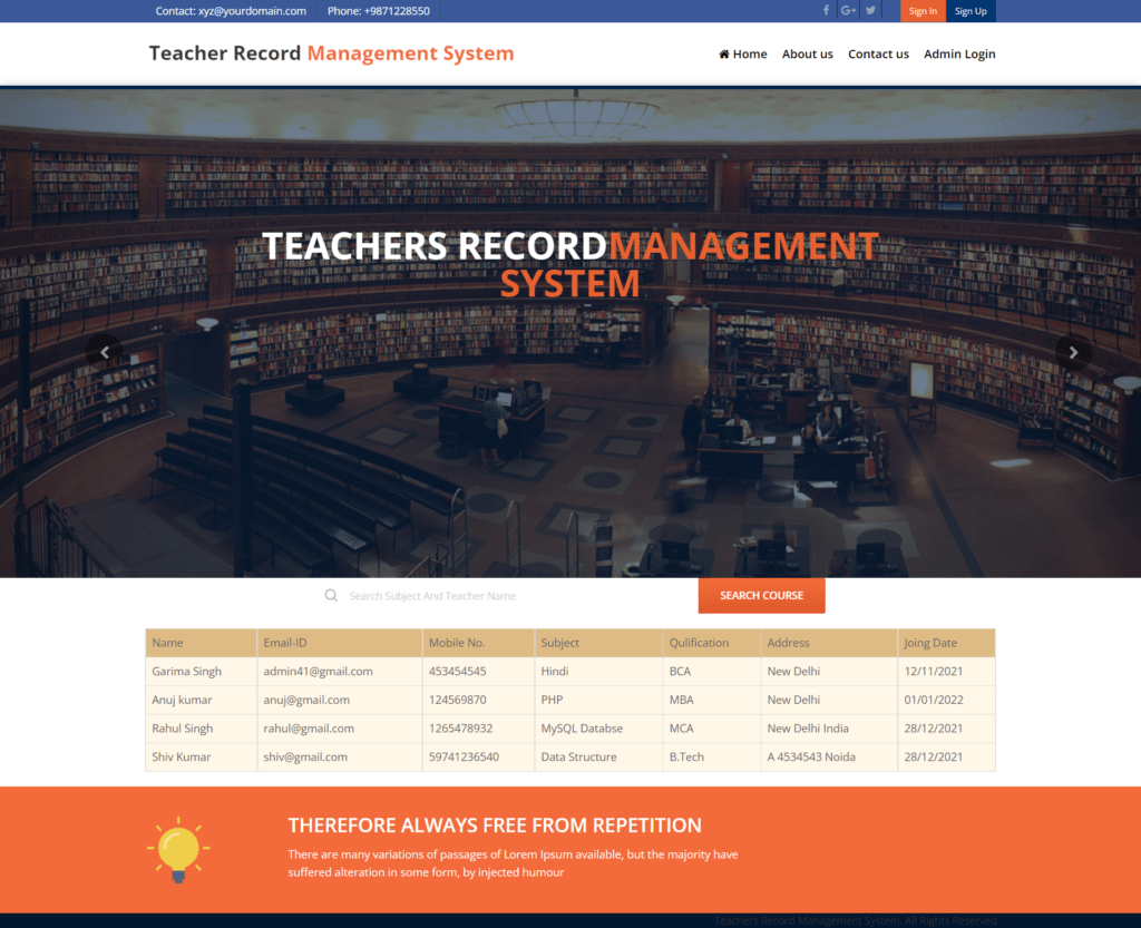Teachers Record Management System using C# and SQL Server