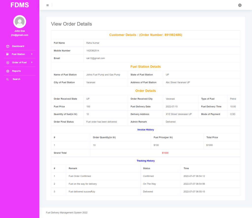 Fuel Delivery Order Page