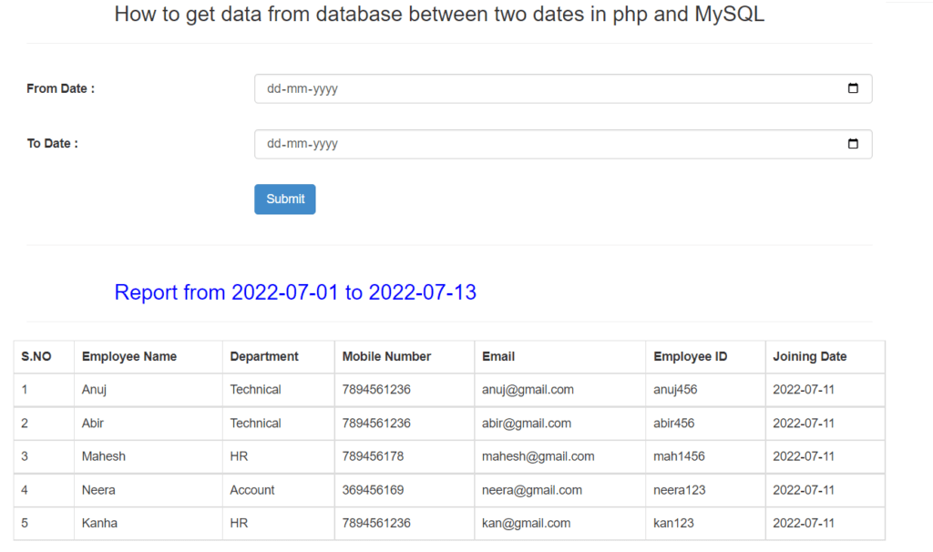 bw dates data in PHP