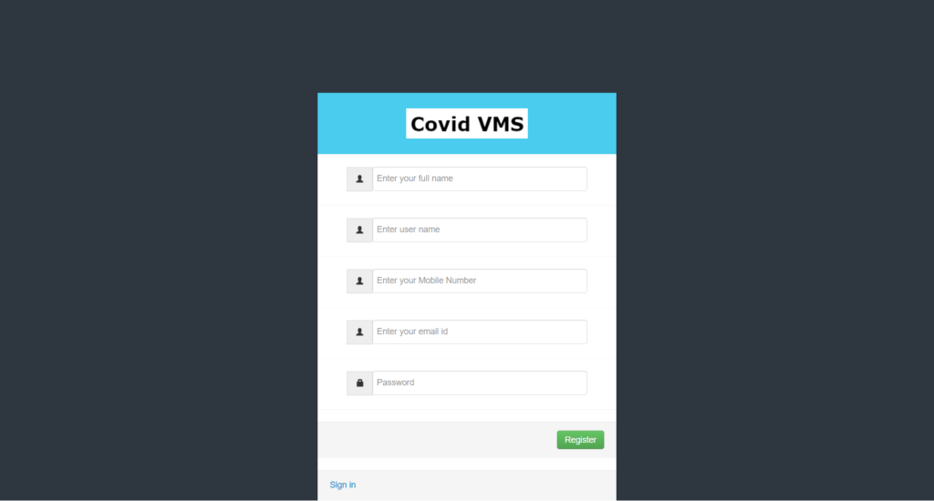 COVIDVMS Signup page