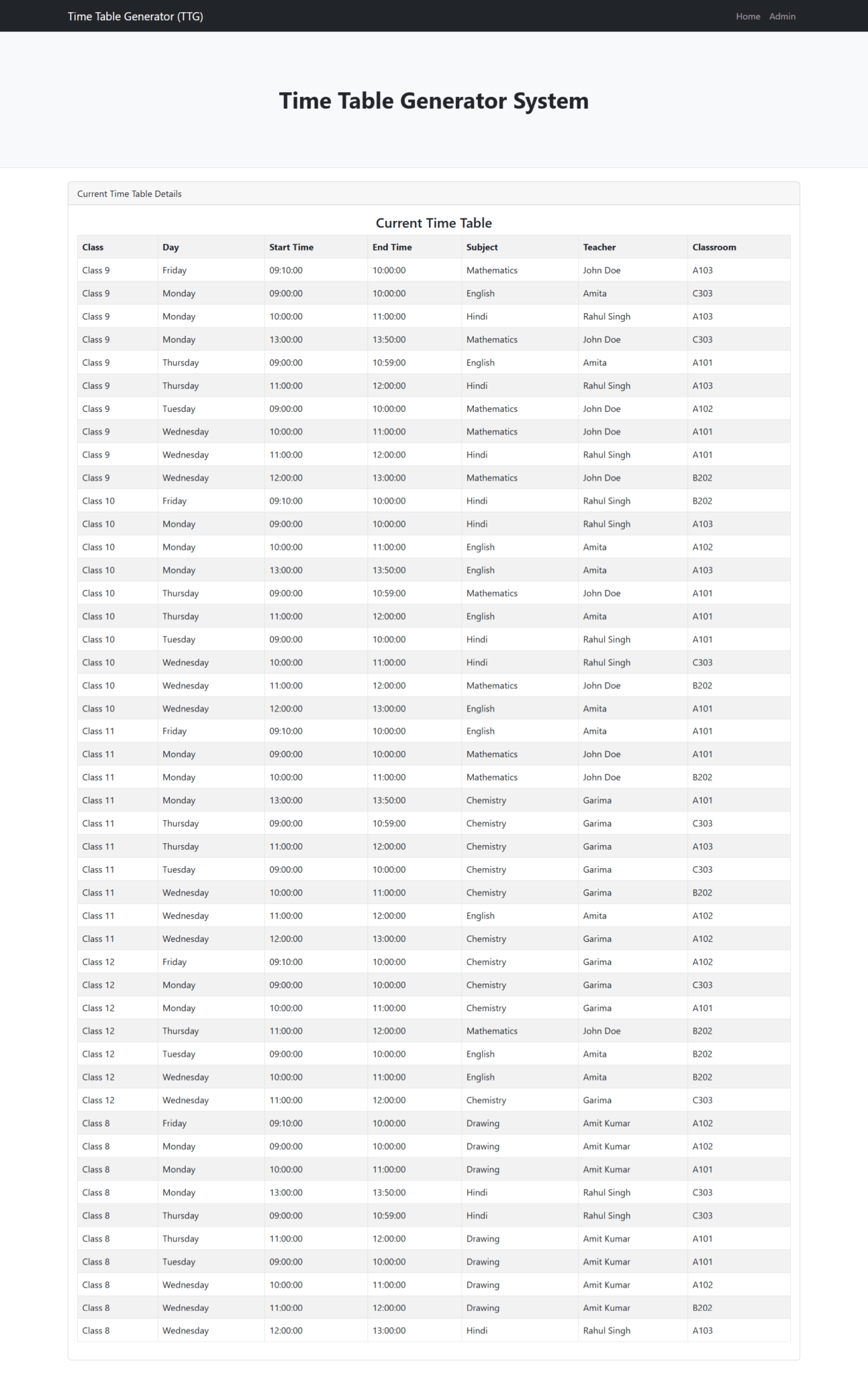 Time Table Generator System Project - PHPGurukul