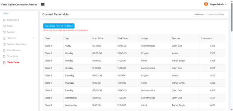 Time Table Generator System Project - PHPGurukul