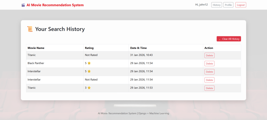 AI Movie Recommendation System-Python-MlSearch-History