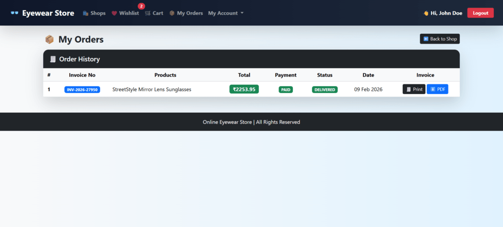 Online-Eyewear-Store-PHP-User-Orders