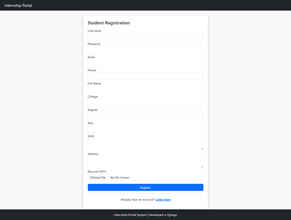 Internship-Portal-Python-Django Student Registration