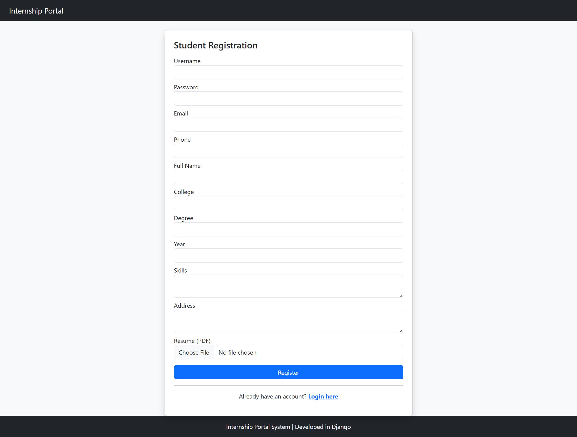 Internship Portal System using Python Django and SQLite - PHPGurukul