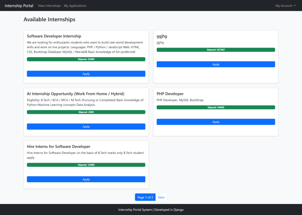 Internship-Portal-Python-Django Availble Internship